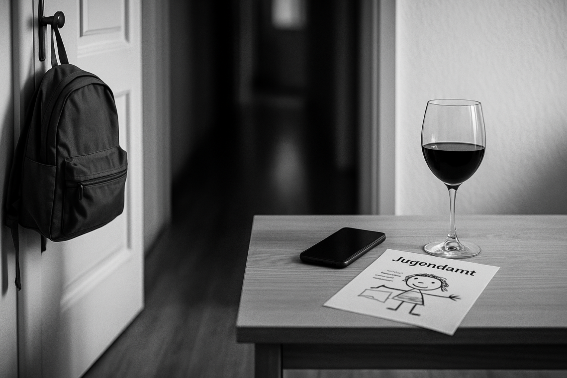 Schwarzweiß-Szene: Kinder-Rucksack an der Tür, Smartphone und Jugendamt-Zettel mit Weinglas – Symbolbild für Rückfall, Kindergarten-Vorfall und Hilfe durch das Jugendamt