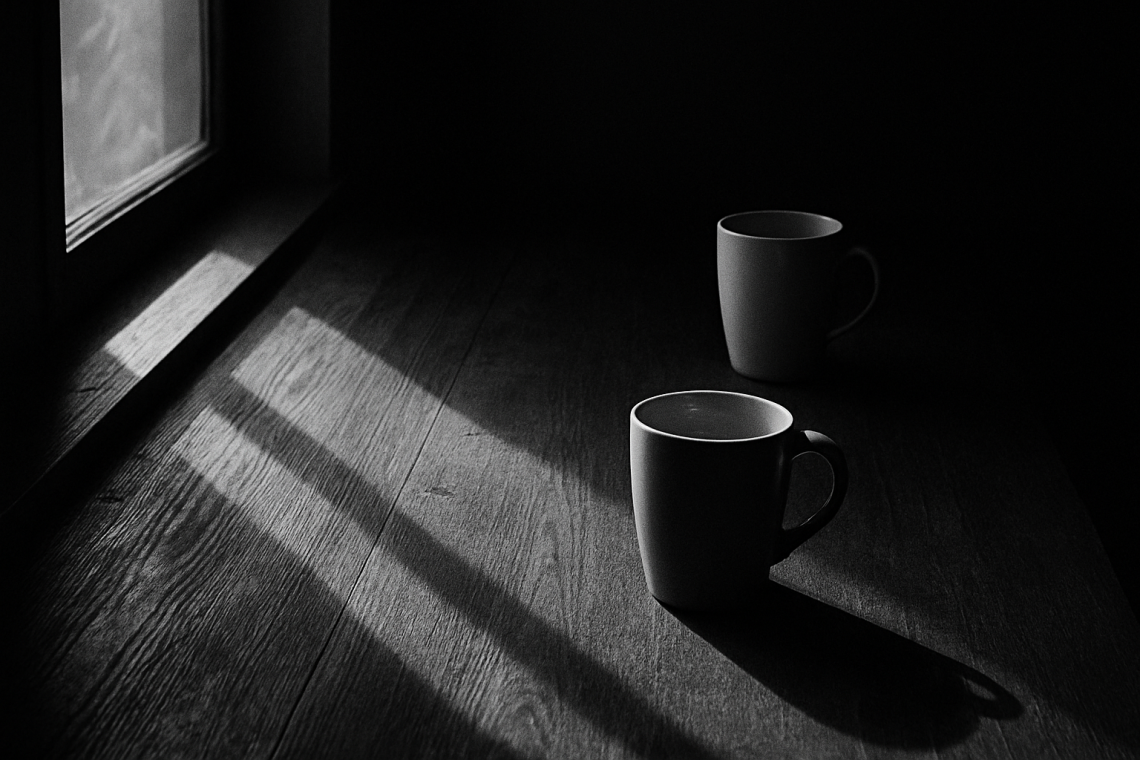 Schwarzweiß-Fotografie eines Tischs mit zwei Tassen im harten Fensterlicht, als Symbol für den Anfang einer Beziehung mit stillen Spannungen und frühem Ungesagtem in einer co-abhängigen Dynamik.