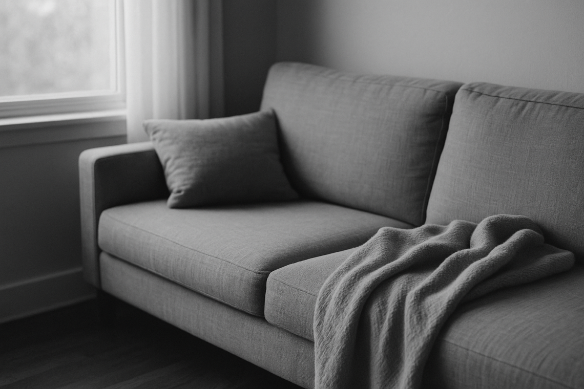 Schwarzweiß-Foto eines Sofas mit Decke – stille Alltagsszene nach der ersten Therapie in einer co-abhängigen Beziehung