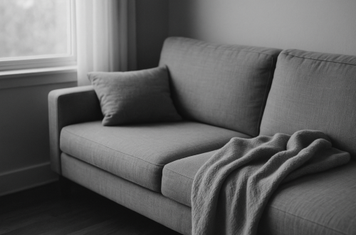 Schwarzweiß-Foto eines Sofas mit Decke – stille Alltagsszene nach der ersten Therapie in einer co-abhängigen Beziehung