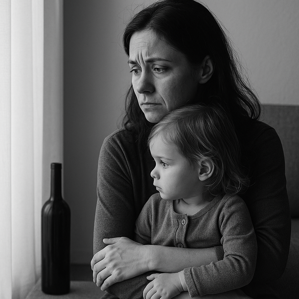 Ernste Mutter hält ihr Kind im Arm, im Hintergrund eine Flasche als Symbol für Alkoholabhängigkeit in der Familie.